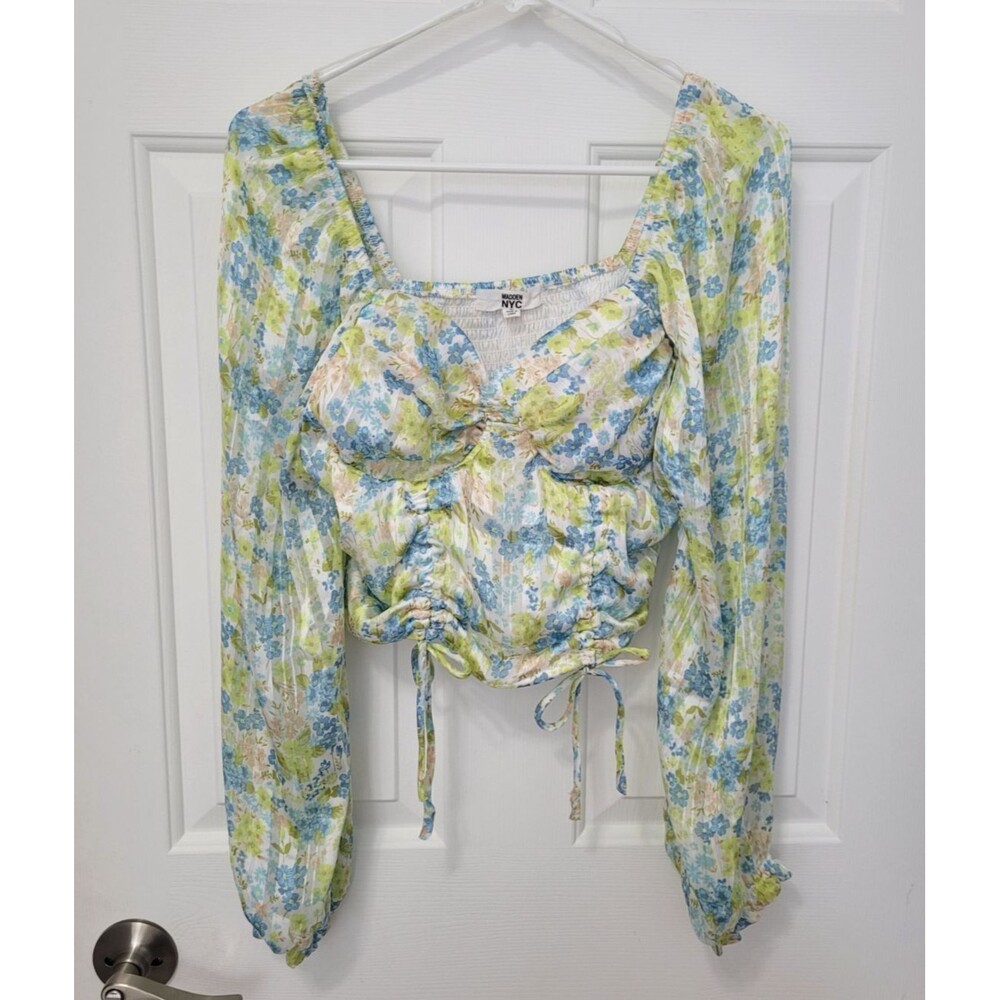 Madden NYC Floral Crop Top Womens L Floral Ruched Blue Green Coquette Milkmaid